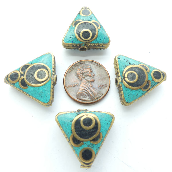 Brass Triangles with Turquoise & Lapis Inlay, 20mm Tall, Sold Individually