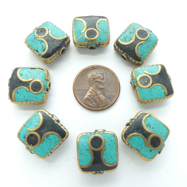 Nepalese Brass with Turquoise & Lapis Inlay, Rectangles 14x16mm Sold Individually
