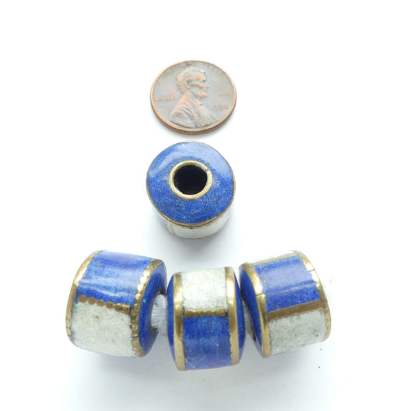Brass, Short Cylinders w/ Lapis & White Stone Resins, 16mm Diameter 12mm Thick, Sold Individually