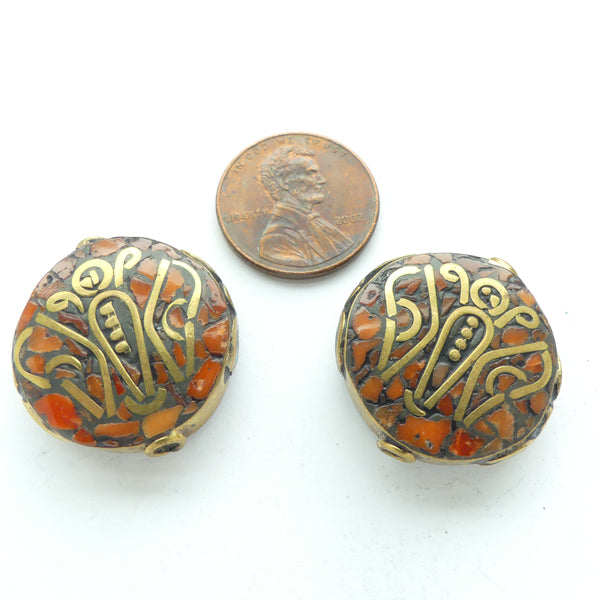 Nepalese Coin Shape with Butterfly Patterns & Coral Chips, 22mm Diameter, Sold Individually