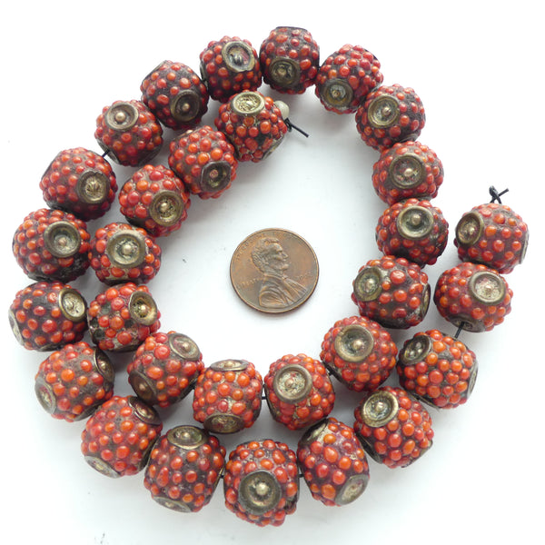 Berry Beads, Resin Core with Tiny Red Glass Drops, 15mm Diameter, Sold in Sets of 2