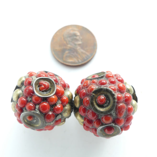 Berry Beads, Vintage Large Size 20mm Diameter, Red, Sold as a Set of 2