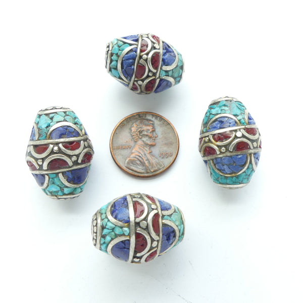 Nepalese Silver Barrels Inlaid with Turquoise, Lapis & Red Glass Chips, Sold Individually