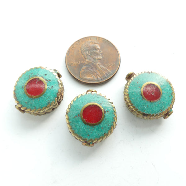 Brass, Inlaid with Turquoise & Red Resin, 14mm Diameter, Set of 3