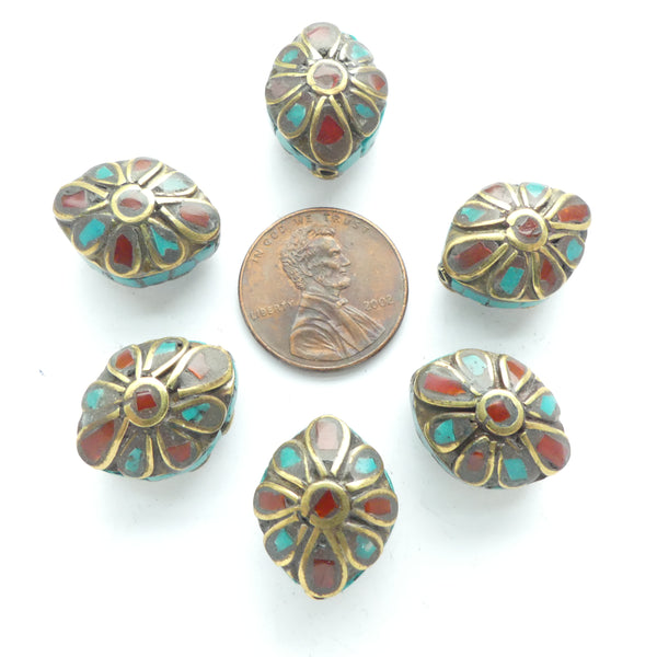 Nepalese Brass Puffy Diamond Shape, 18x12mm, Inlaid with Turquoise Chips, Sold Individually
