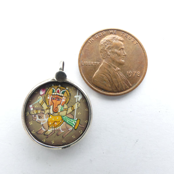 Indian Silver Pendant Framing Painting of Ganasha, 19mm Diameter