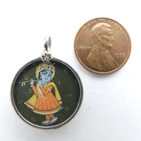 Indian Silver Pendant Framing Miniature Painting of Krishna, 22mm Diameter
