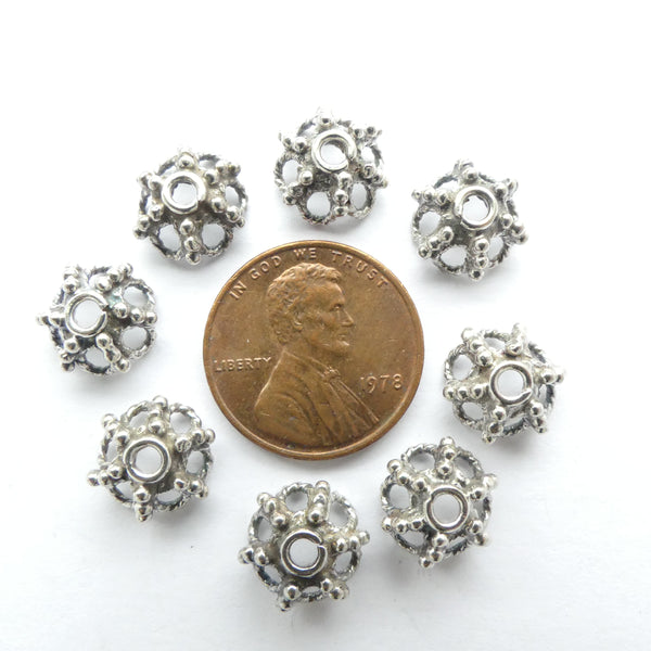Indian Silver, Vintage Bead Caps With Granulation, 10mm Diameter, 5mm Tall, Sold as Pairs