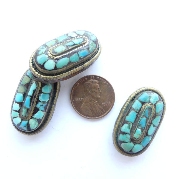 Himalayan Pendant/Spacer, Brass with Natural Turquoise Inlay, 30x16mm, Sold Individually