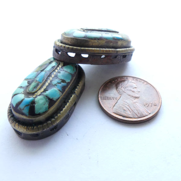 Himalayan Pendant/Spacer, Brass with Natural Turquoise Inlay, 30x16mm, Sold Individually