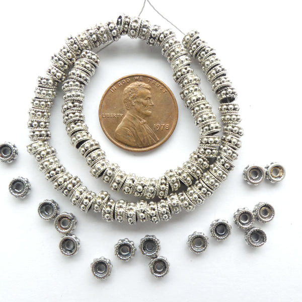 Indian Silver, Vintage Sterling Granulated 2x5mm Beads with Concave Ends, Sold in Sets of 12