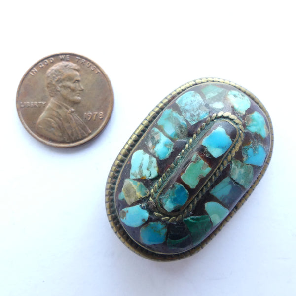 HImalayan Pendant/Spacer, Brass with Natural Turquoise Inlay, 35x24mm