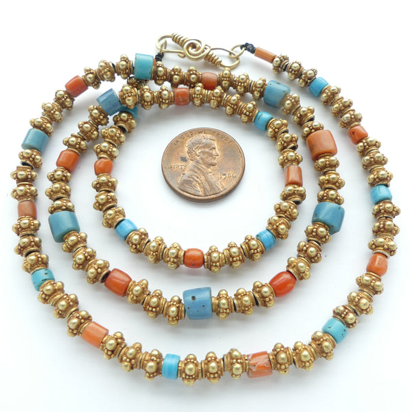 Himalayan, Necklace of Vermeil Beads with Coral and Turrquoise Glass, 22-inches long