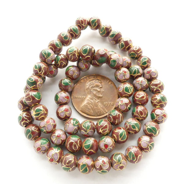 Cloisonne, Vintage Round, Brick Red with Flowers, 6mm, Sold in Sets of 4