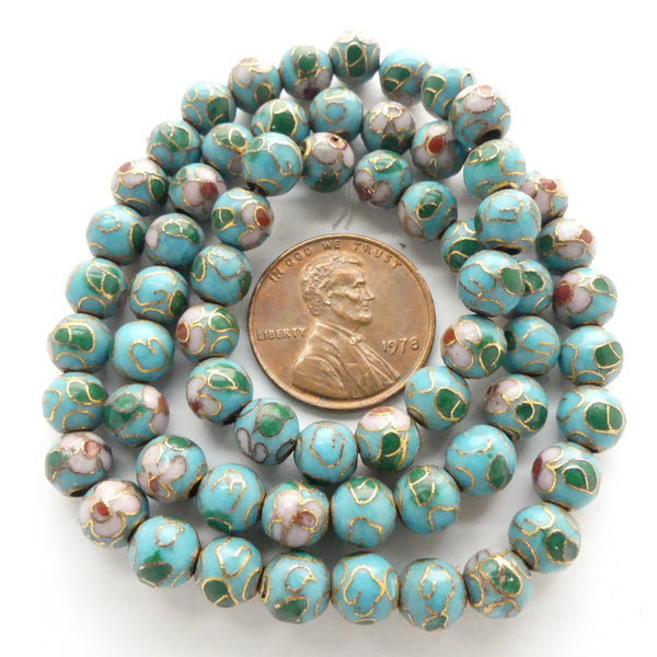 Cloisonne, Vintage Round, Turquoise with Pink Flowers, 6mm, Sold in Sets of 4