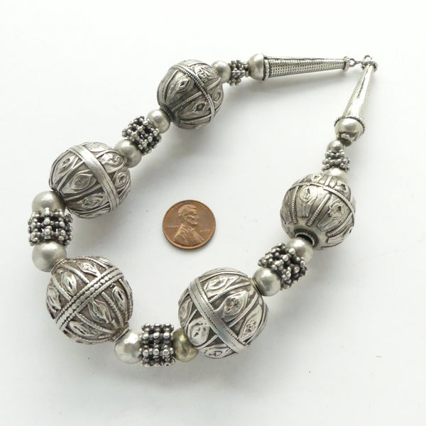 Yemeni Antique Necklace with 5 Large Badihi Globe Beads, 14 inches, No chain