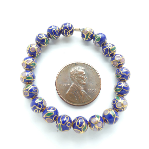 Cloisonne, Vintage Round Bead, Dark Blue with Pink Flowers, 6mm, Sold in Sets of 4