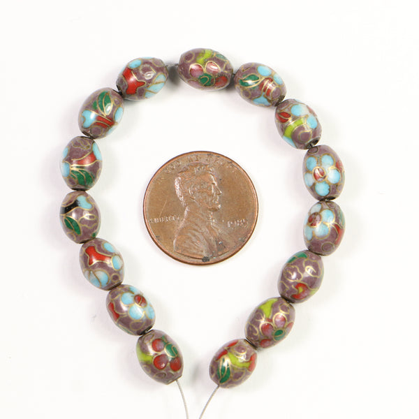 Cloisonne, Vintage Small Oval Beads, Lavender with Blue & Red, 7x9mm, Sold in Sets of 4