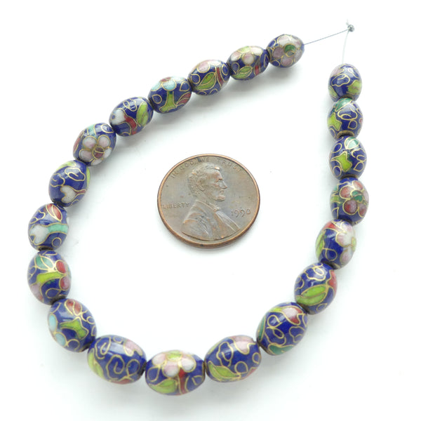 Cloisonne, Vintage Oval Beads 7x10mm, Dark Blue with Pink & Red Flowers, Sold in Sets of 4
