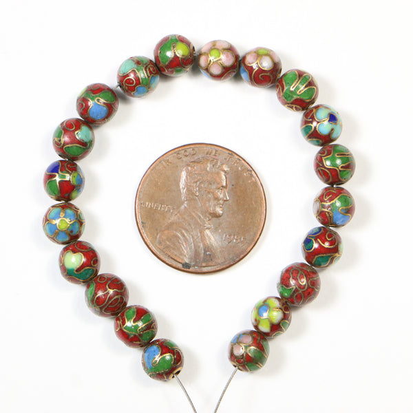 Cloisonne, Vintage Round Beads, Brick Red with Blue Flowers, 6mm, Sold in Sets of 4