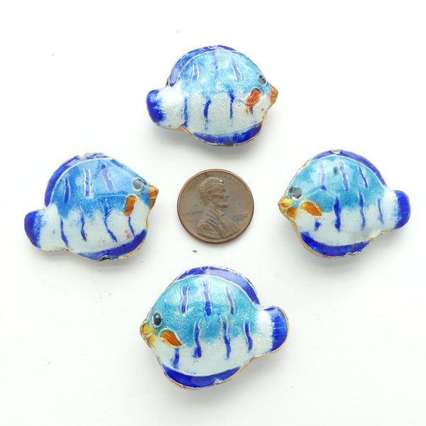 Enamel Angelfish, Turquoise with Blue & White,  Hole Runs Vertically, 26mm Tall by 32mm Wide.