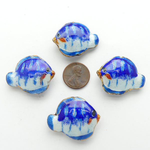 Enamel Anglefish Blue with White & Turquoise, 26mm Tall x 32mm Wide, Sold Individually