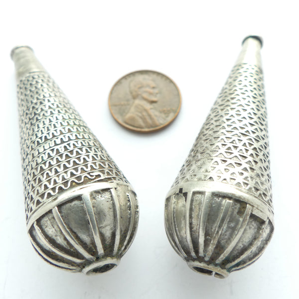 Indian Silver, Antique Cone Shape Terminal Beads, 62mm long, Sold Individually