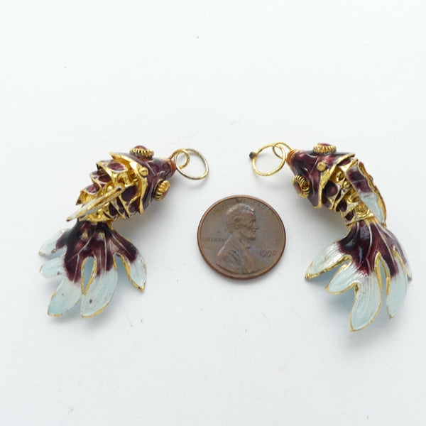 Cloisonne, Vinage Medium Articulated Fantail Fish Pendant, Purple, 45mm Sold Individually