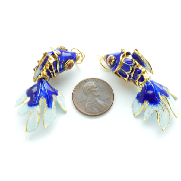 Cloisonne, Vintage Medium Articulated Fantail Fish Pendant,  Blue, 45mm, Sold Individually