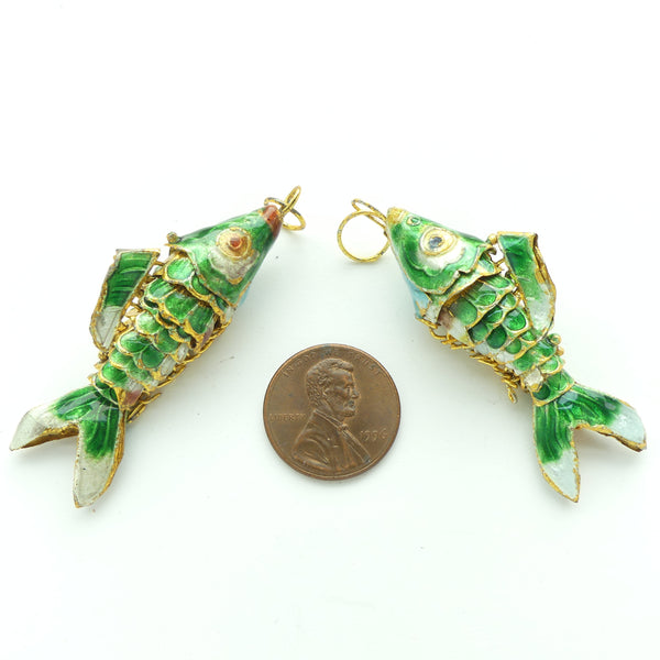 Cloisonne, Vintage Medium Articulated Fish Pendant, Green, 45mm Long, Sold Individually