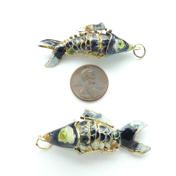 Cloisonne, Vintage Large Articulated Fish Pendant, Black, 50mm, Sold Individually