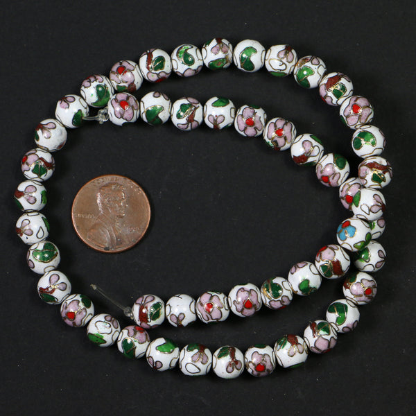 Cloisonne, Vintage Round, White 8mm with Pink Flowers, Sold in Sets of 4