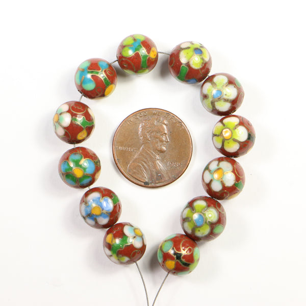 Cloisonne, Vintage Round, 10mm Brick Red With Flowers, Sold Individually