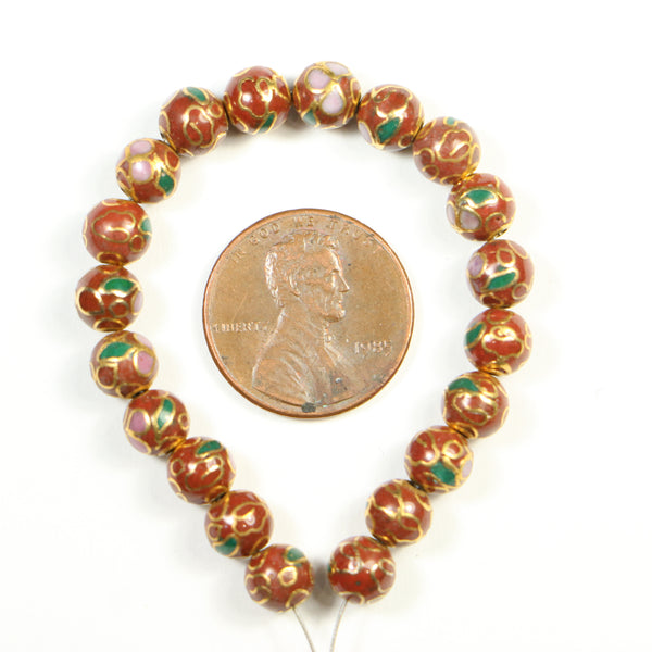 Cloisonne, Vintage Round Beads, Brick Red with Pink Flowers, 6mm, Sold in Sets of 4
