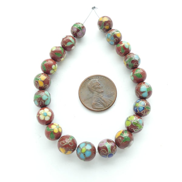 Cloisonne, Vintage Round, Brick Red with Flowers, 8mm Diameter, Sold in Sets of 4