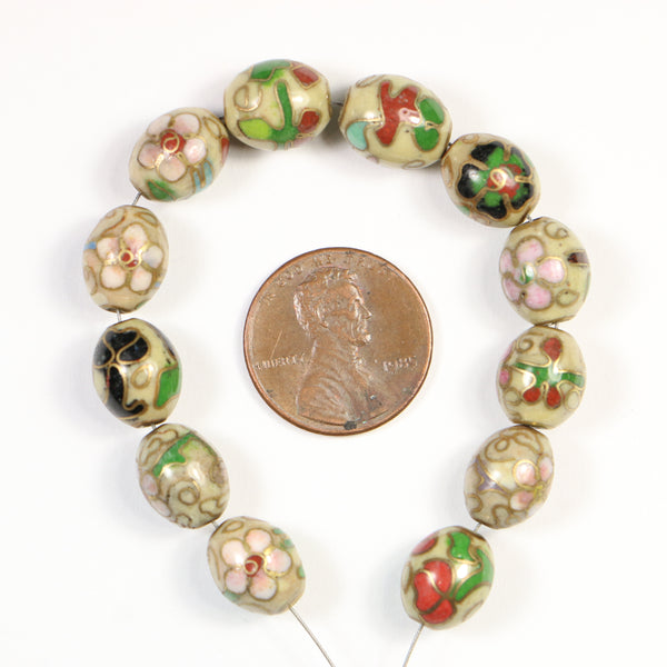 Cloisonne, Vintage Oval Beads, 11x9mm Light Yellow/Beige with Flowers, Sold in Sets of 4