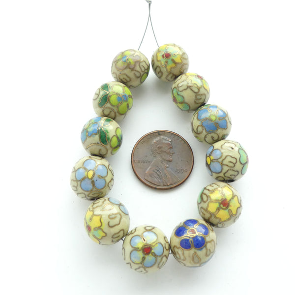 Cloisonne, Vintage Round, 12mm Light Yellow/Beige with Blue Flowers, Sold Individually