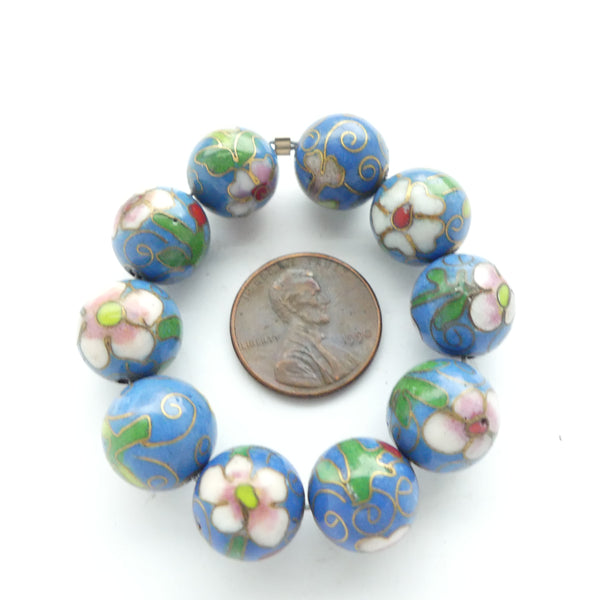 Cloisonne, Vintage Round, Medium Blue with Pink "Flower Power", 12mm Sold Individually