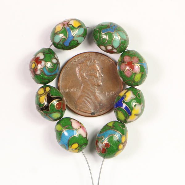 Cloisonne, Vintage Small Oval, Green with Pink Flowers, 11x9mm, Sold by Sets of 4