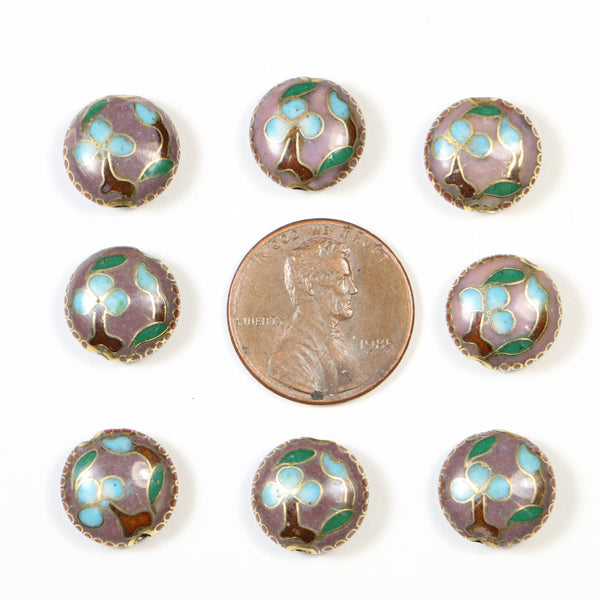 Cloisonne, Vintage Puffy Coin Shape, Lavender with Blue, 12mm Diameter, Sold Individually