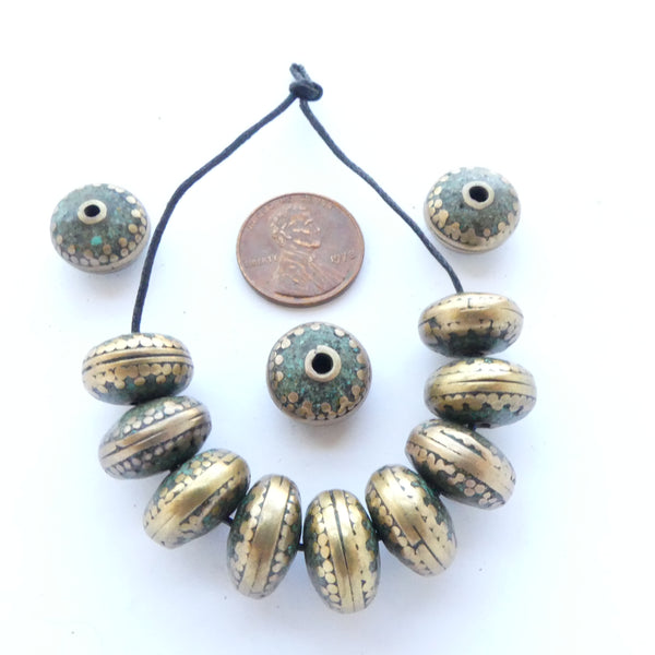 Himalayan Brass Beads with Turquoise Inlay, Rondelles 9x14mm, Sold Individually
