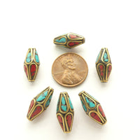 Himalayan Brass Beads with Turquoise & Coral Inlay, Bicones 17x8mm, Sold Individually