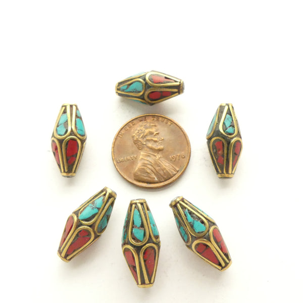 Himalayan Brass Beads with Turquoise & Coral Inlay, Bicones 17x8mm, Sold Individually