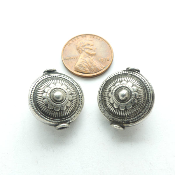 Indian Silver, Vintage Flat Round Beads, Flower Designs, 17mm Diameter, Sold Individually