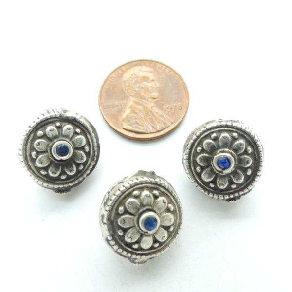 Indian Silver, Vintage Flat Round Beads, Flower Design, 11mm Diameter, Sold Individually