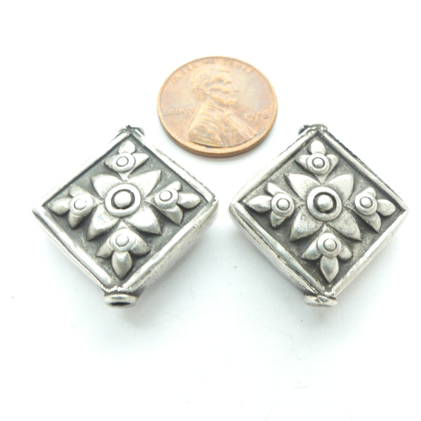 Indian Silver, Vintage Flat Diamond Shape Beads, 19x19mm, Sold Individually