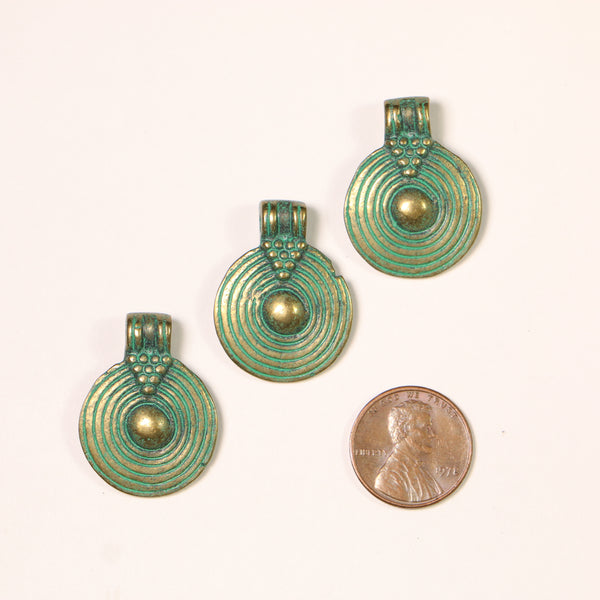 Brass, Pendants, Small with Patina in Concentric Circles Design, 28mm long, Sold Individually
