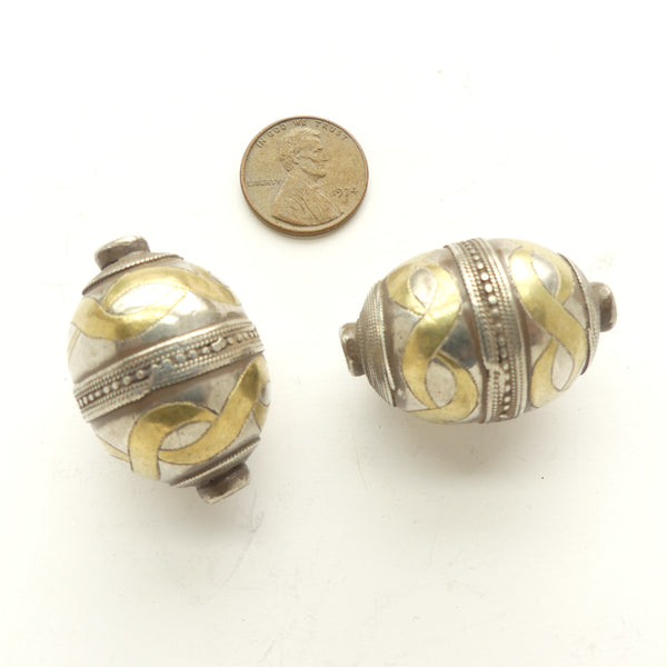 Turkoman, Beads, Silver with Engraving & Firegilding, Large Ovals 33x23mm