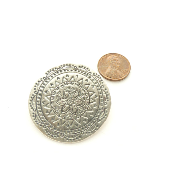 Thai Silver, Stamped Pendant, Flat Round with Lotus Design, 41mm Diameter