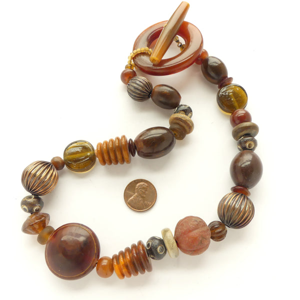 Naga Inspired Necklace, Horn, Copper, Glass & Bone w/ Large Toggle Clasp, 18"